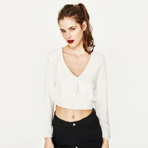 Zara Trafaluc Collection Long Sleeve Ruffle Crop Top White Size M